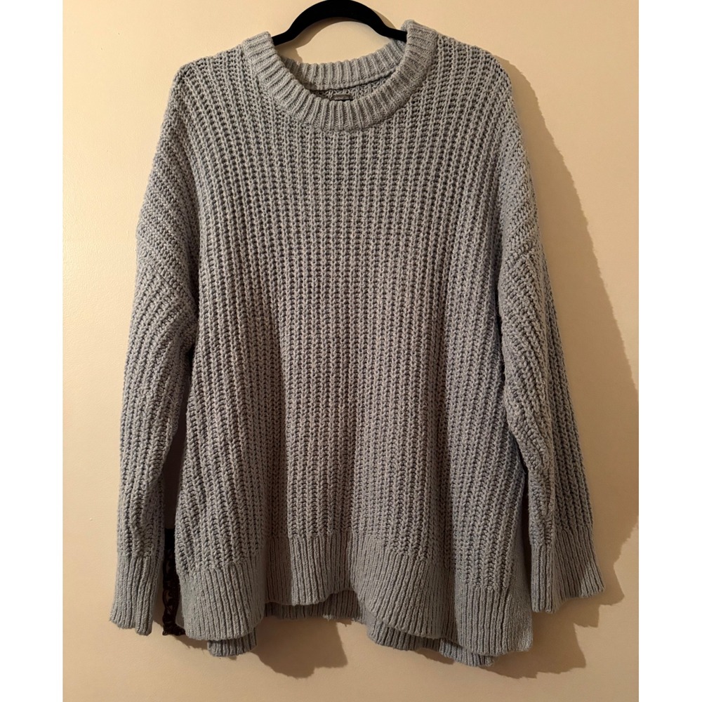 Aerie Womens Oversized Shaker Knit Crewneck‎ Sweater Light Blue Marl Size Large